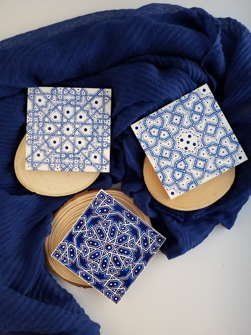 Geometric tile trio in blue and white - FRAMED