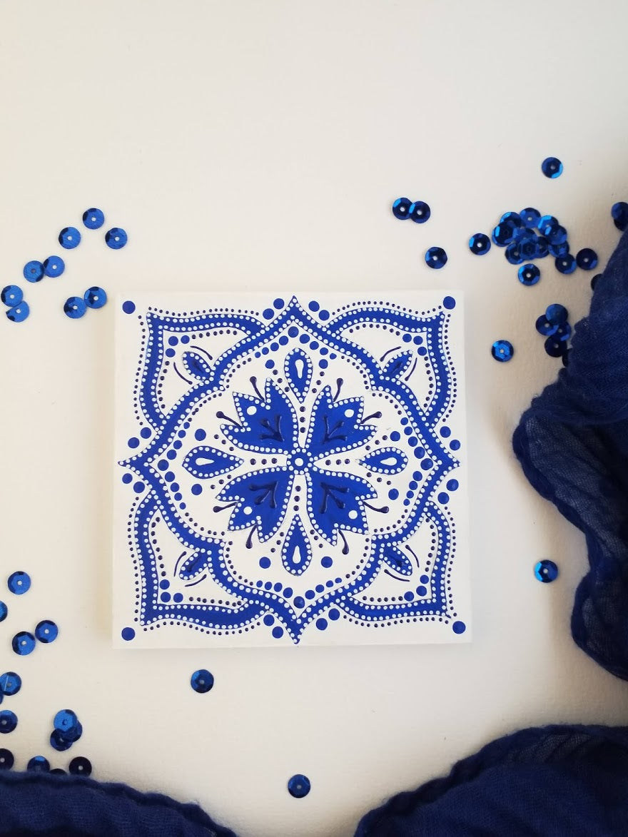 Traditional tile trio in blue and white - FRAMED