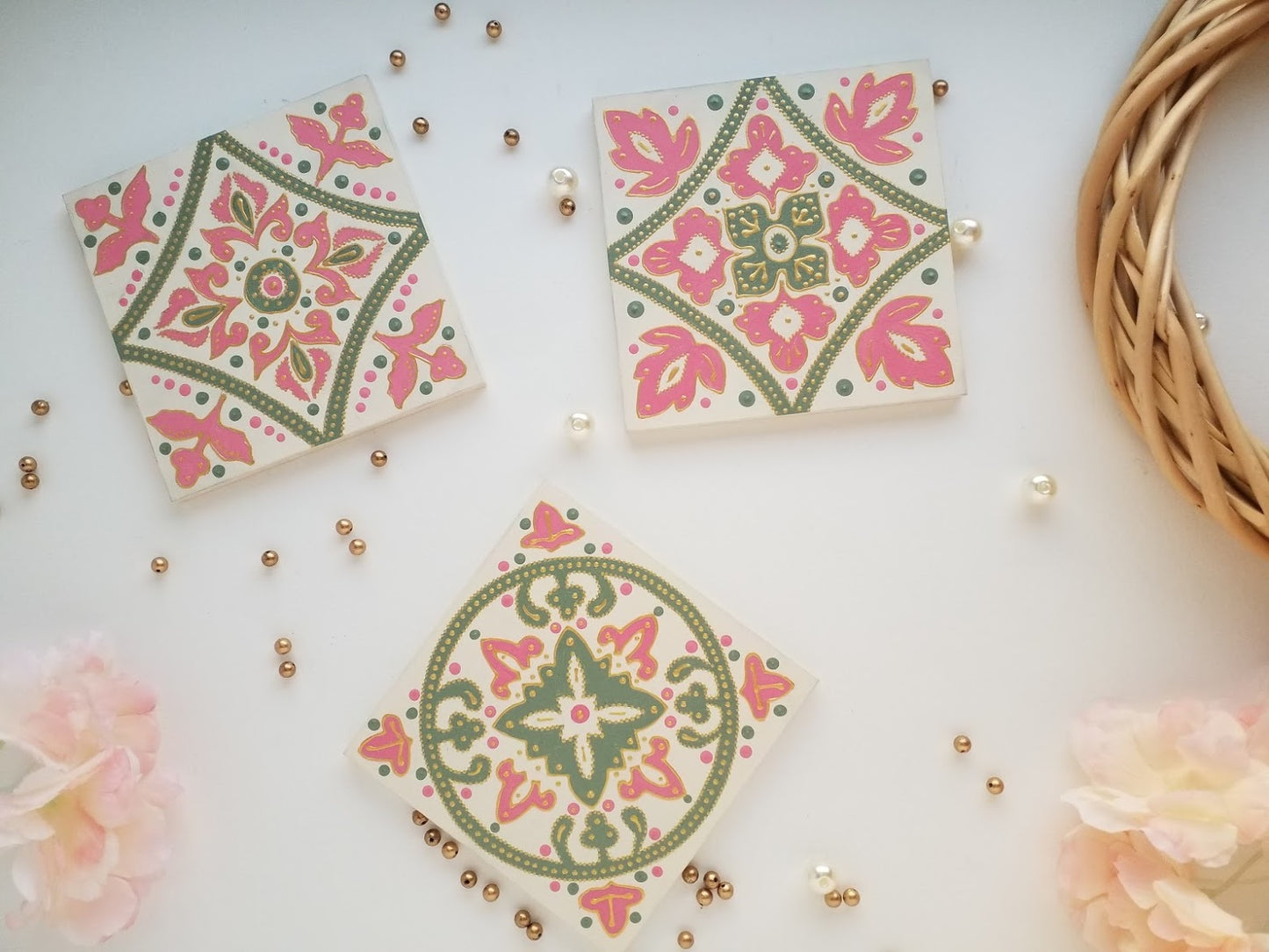 Traditional tile trio in pink and green - FRAMED