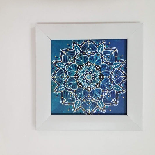 Mandala on Blue haze background - [FRAMED - ready to hang ]