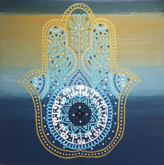 Decorative Hamsa hand on blue and Gold background - PRINT