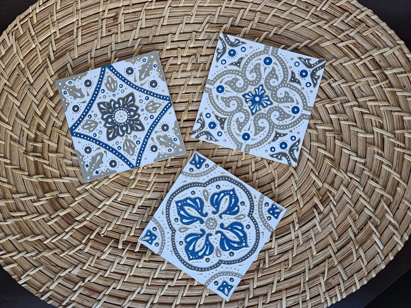 Traditional tile trio in blue and grays - FRAMED