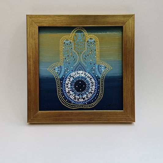 Decorative Hamsa hand on blue and Gold background- [FRAMED - ready to hang]