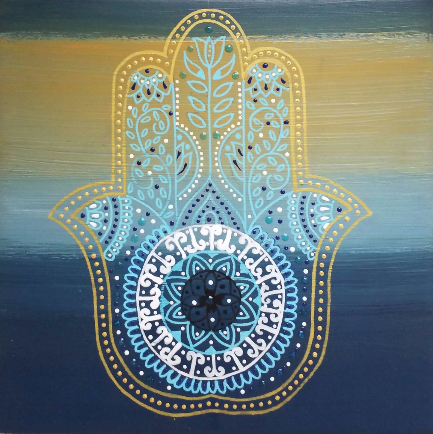 Decorative Hamsa hand on blue and Gold background - PRINT