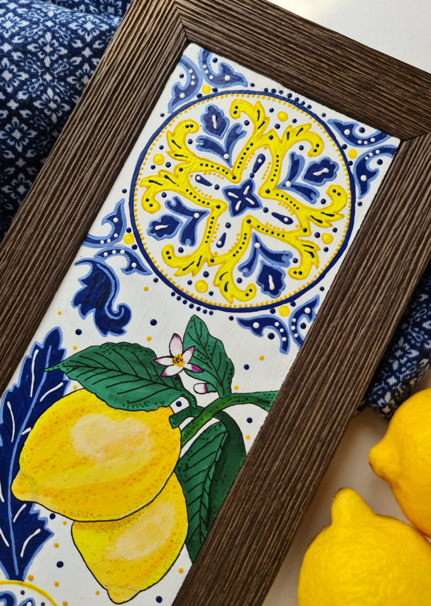 Mediterranean tile with Lemons - [FRAMED - ready to hang]