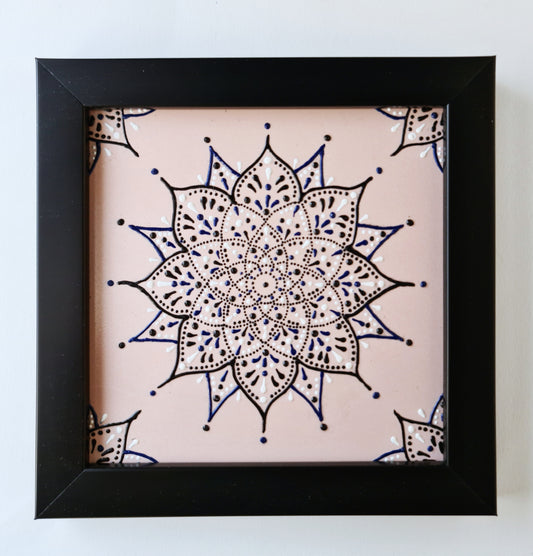 Black and blue mandala flower - [FRAMED - ready to hang ]