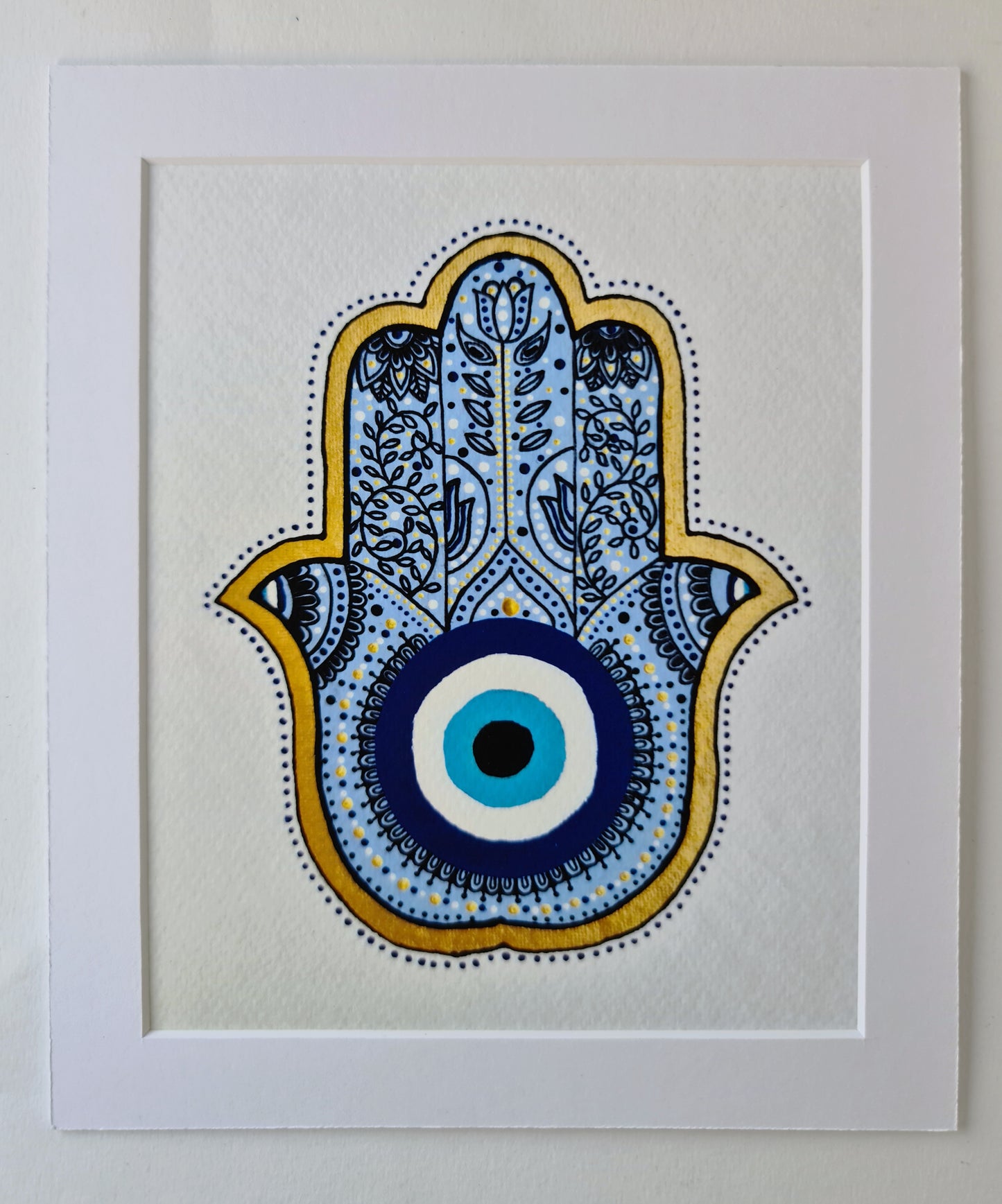 Detailed Hamsa hand in light blue background - PRINT